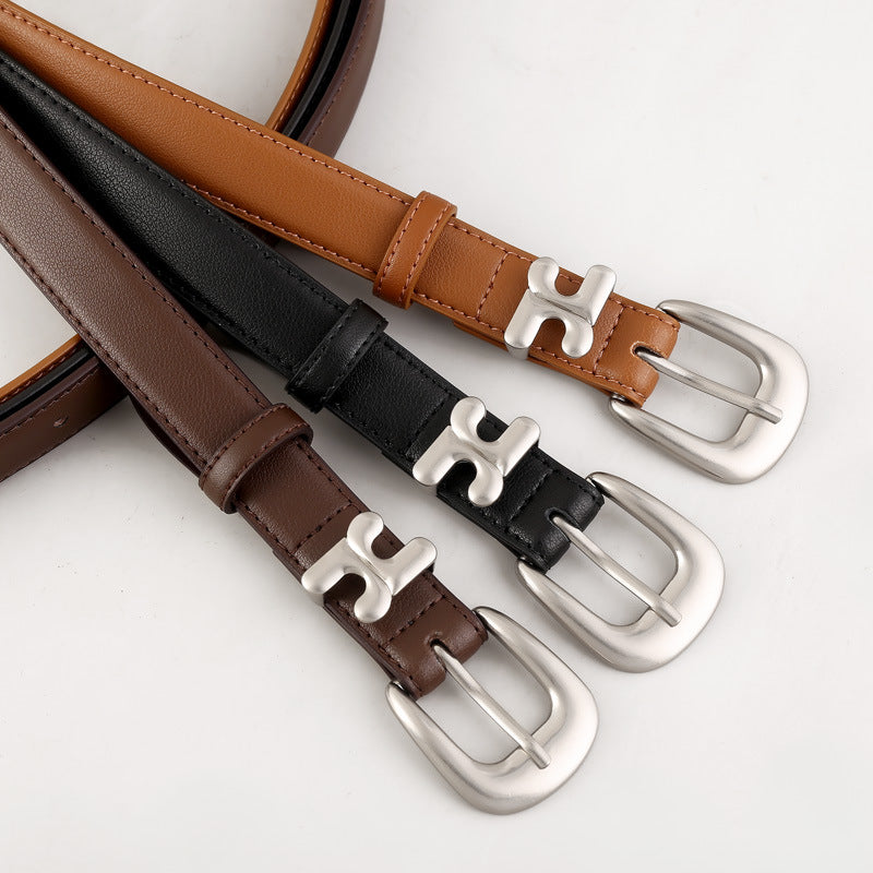 Cowhide leather belts in brown, black, and coffee brown with H-shaped buckles