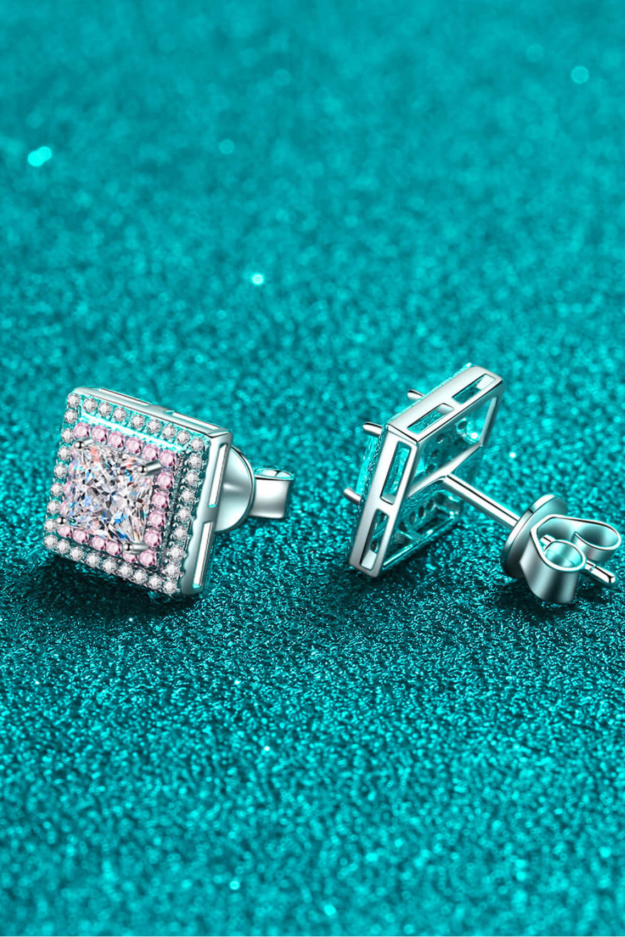 Prismatic square stud earrings with pink halo and 925 sterling silver backing.