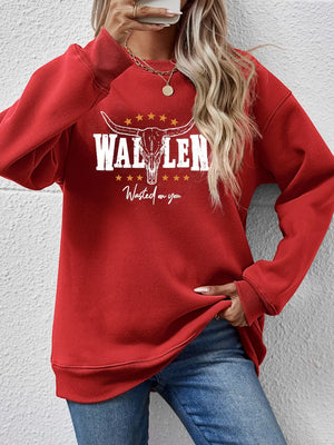 Deep Red graphic sweatshirt with bull skull and western text, drop shoulder, crew neck.