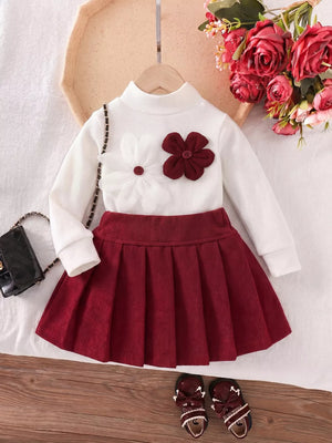 Children's Floral Applique Mock Neck Top And Pleated Skirt Set in White
