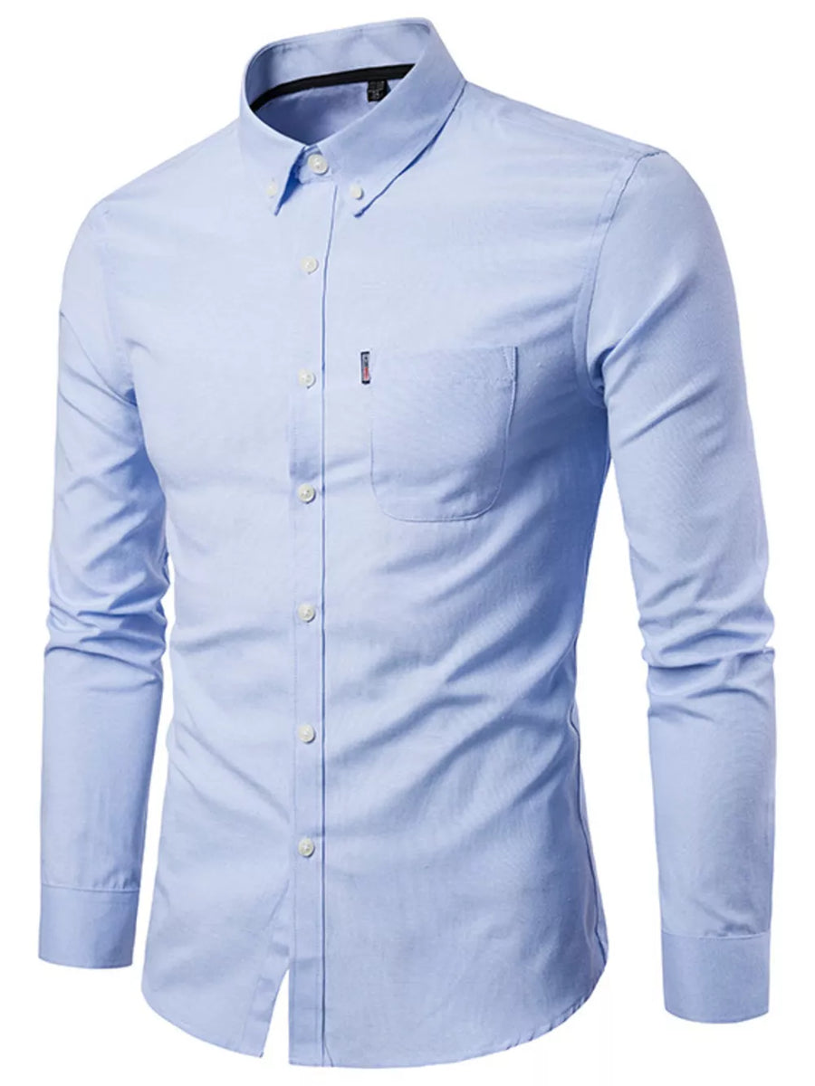 Sky blue cotton button-down shirt with pocket and buttoned collar.