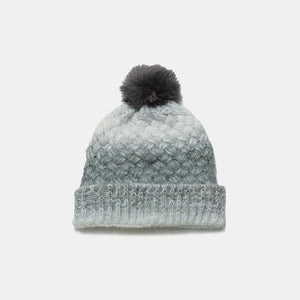 Gray ombre knit beanie with textured pattern and dark gray pom.