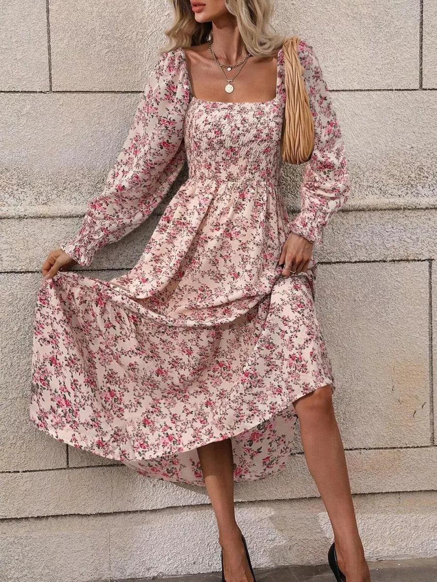 fuchsia midi dress featuring smocked and ditsy floral