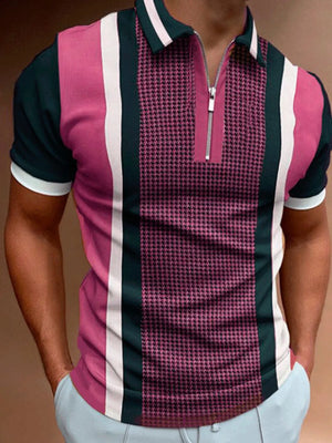 Zip polo shirt with houndstooth panel and vertical stripes in pink, white, and navy.