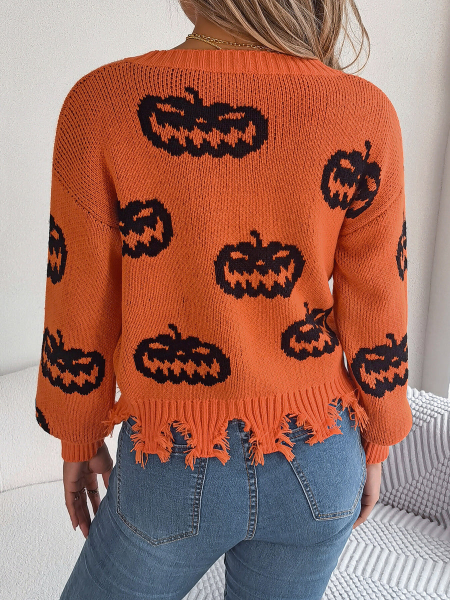 orange relaxed pullover sweater with v-neck