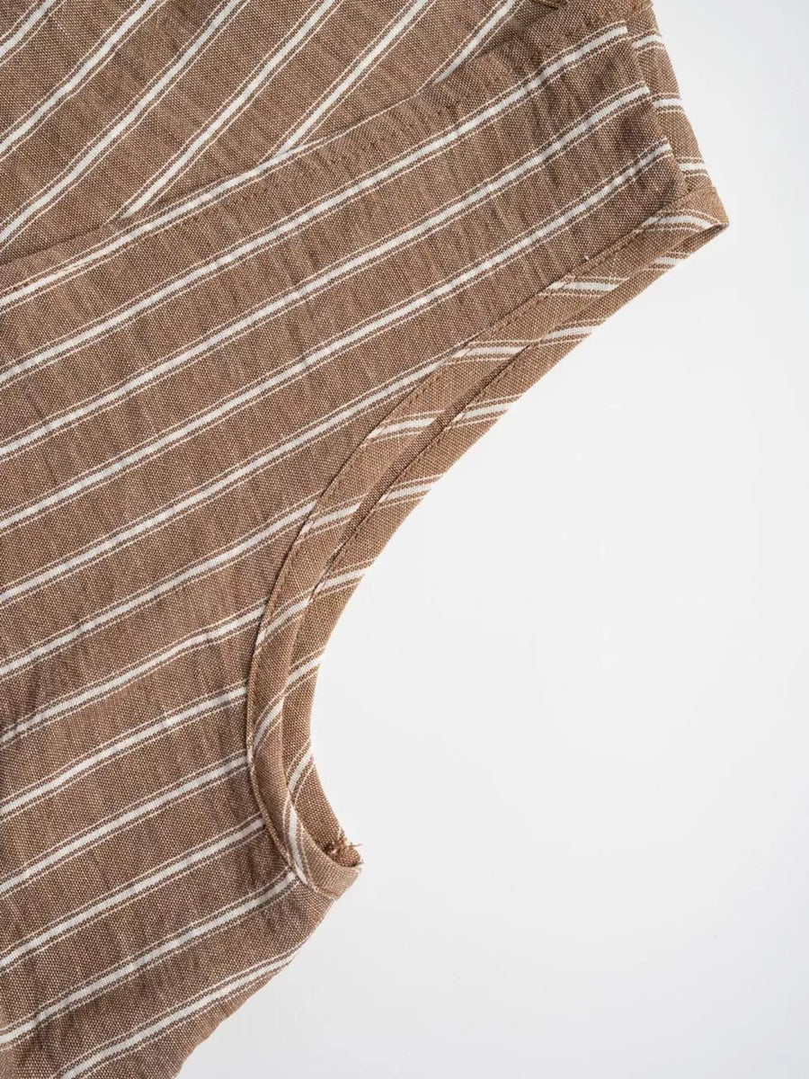 Chic striped two-piece set in camel with white pinstripes and a tie-front detail.