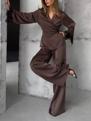 pajama set in cream with lace trim and hip-length
