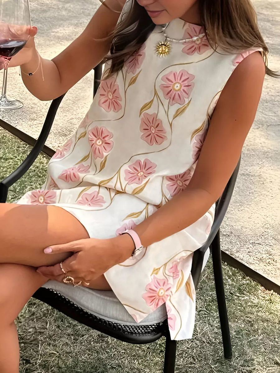 Delicate floral mini dress with high neckline in Gum Leaf