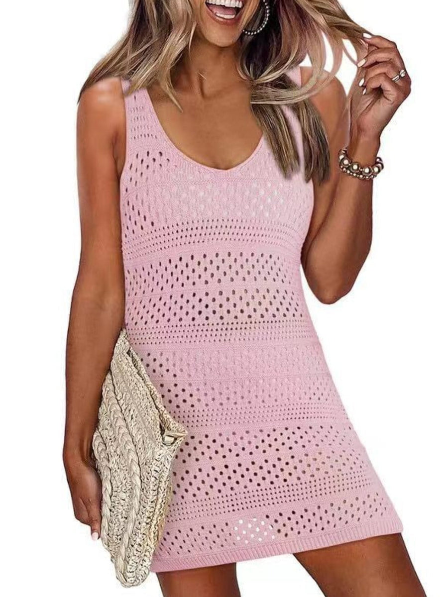 Dusty pink open-knit beach dress with scoop neck and slit hem.