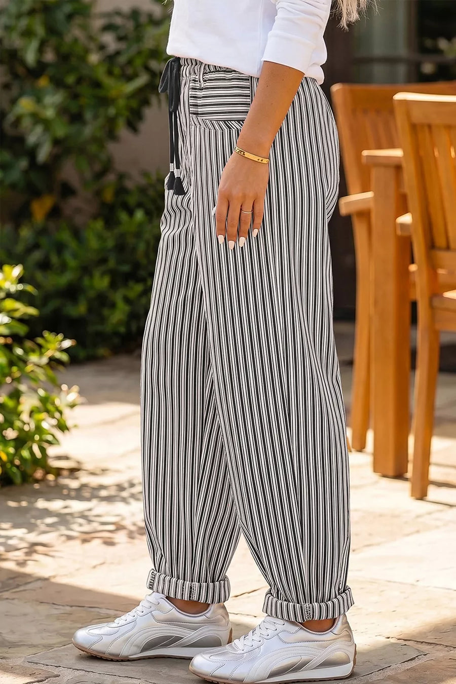 wide-leg pants featuring striped in Black with 100% cotton Care instructions: Machine wash cold texture