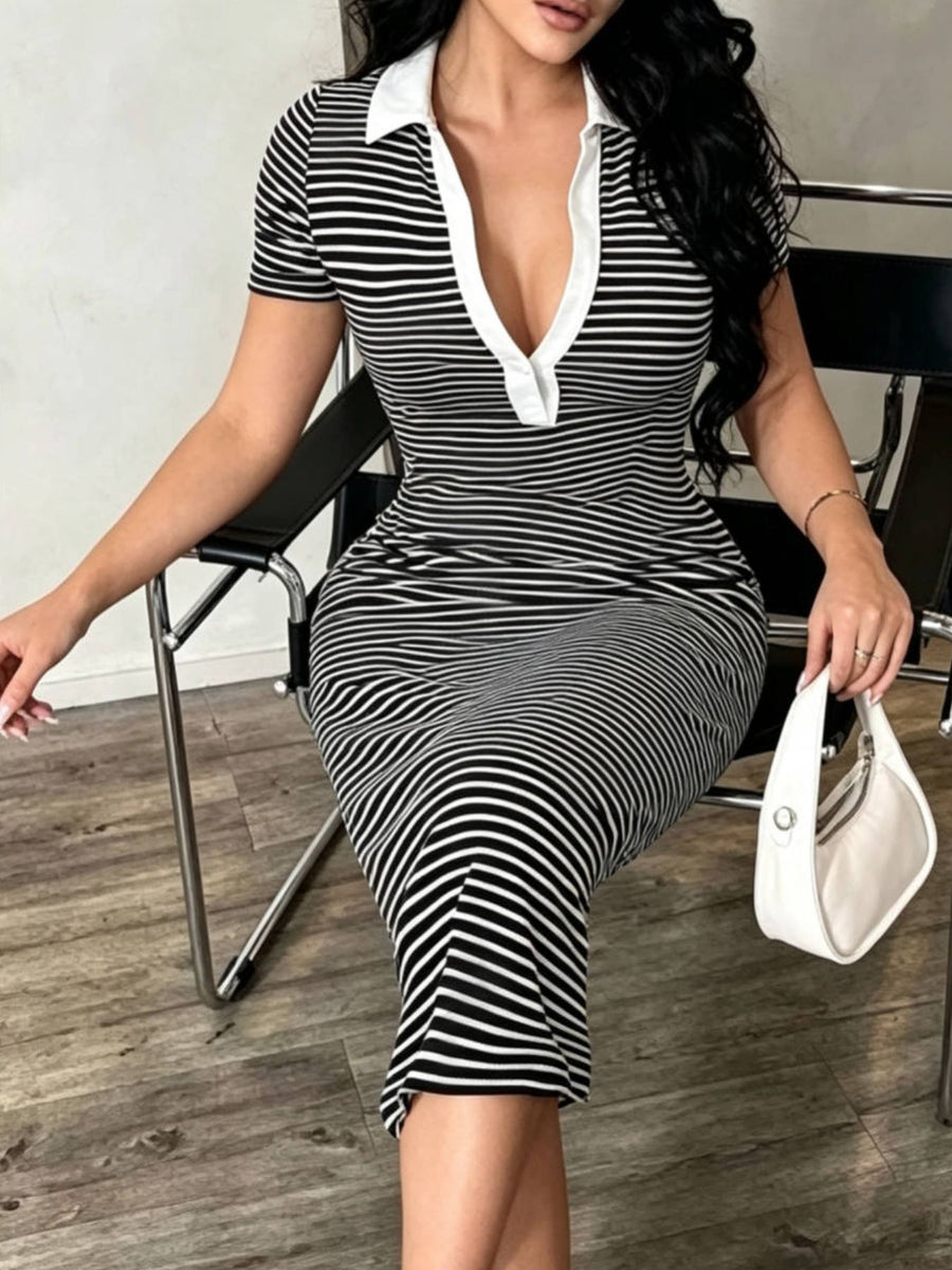 bodycon dress featuring striped in black with 100% polyester Care instructions: Machine wash cold texture