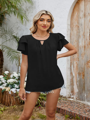 Black keyhole neckline flutter sleeve blouse with textured fabric