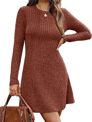 sweater dress in rust featuring ribbed knit and A-line fit