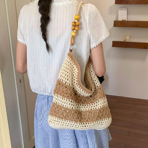 Caramel handbag with open-front and striped