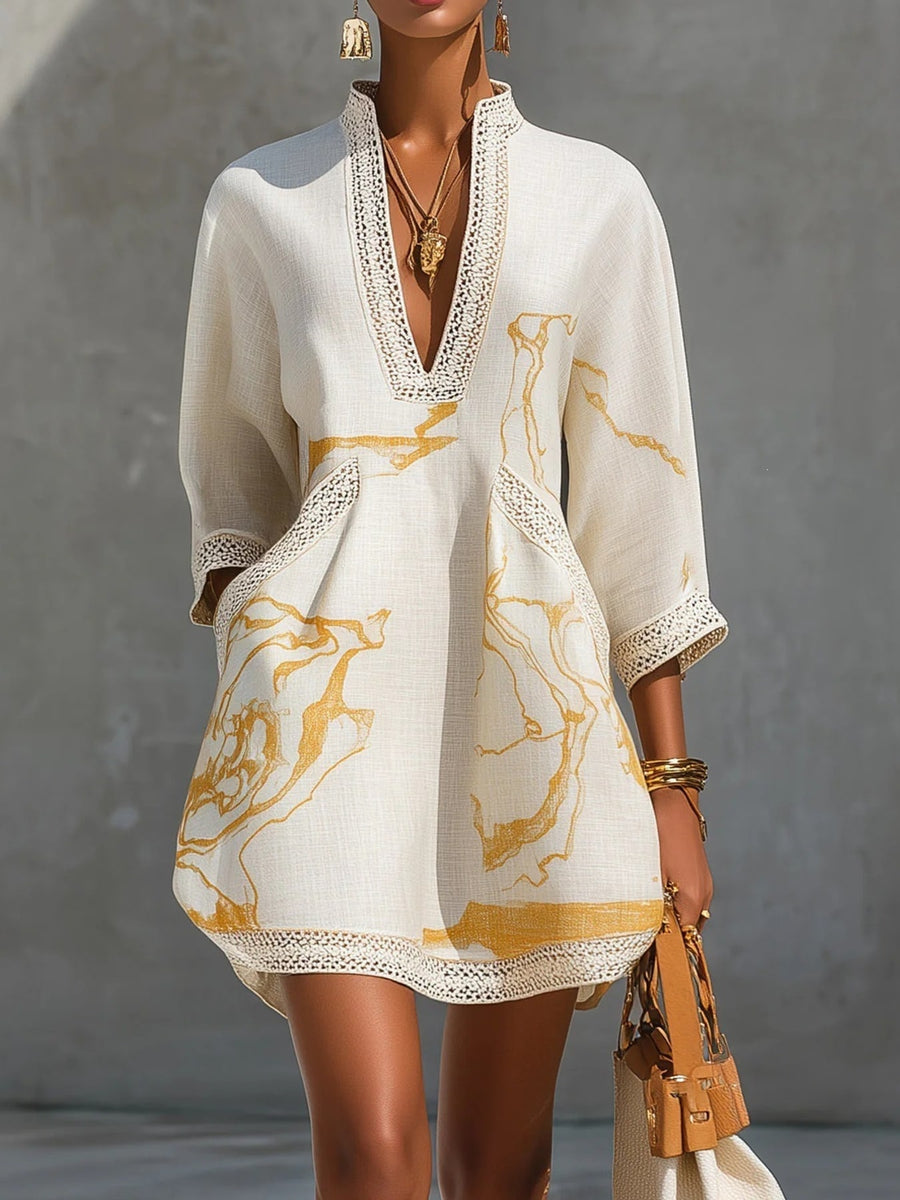 cream mini dress with abstract-print and notched