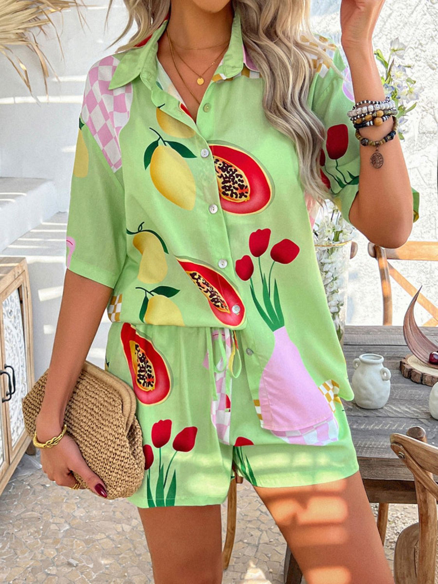 Lime green fruit and flower print button-up shirt and shorts set with drawstring waist.