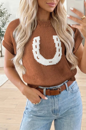 rust pullover sweater with graphic and crew neck