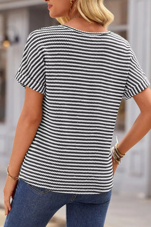 Textured knit t-shirt with horizontal stripes, short sleeves, and a notched neckline.