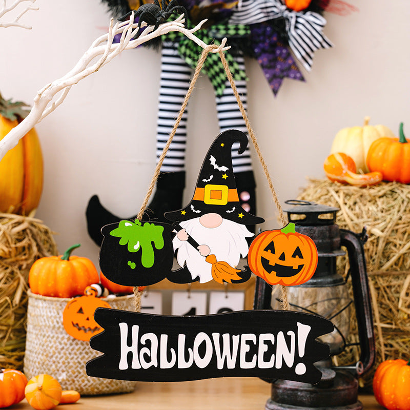 Halloween Sign Trio with witch gnome, cauldron, pumpkin and festive text.