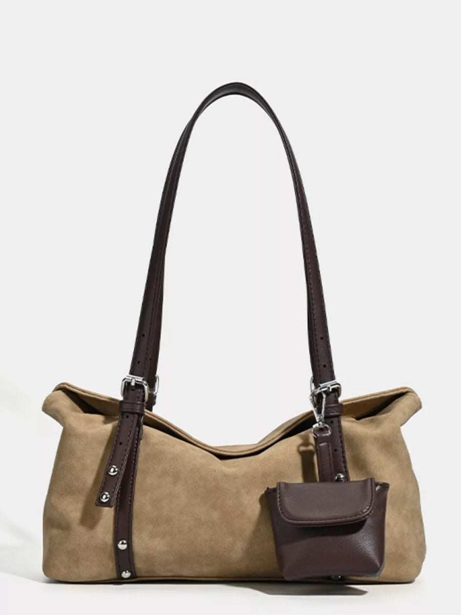 Brown suede medium shoulder bag with adjustable straps and a small brown pouch detail.