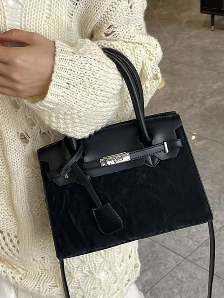 Black with Textured Leather Top-handle Handbag