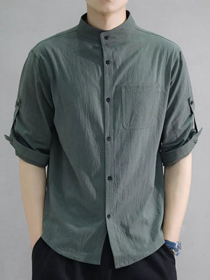 Men's army green cotton button-down shirt with roll-up sleeves and chest pocket