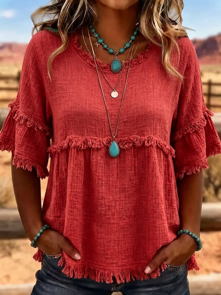 Aqua Blue blouse with raw hem and short sleeve