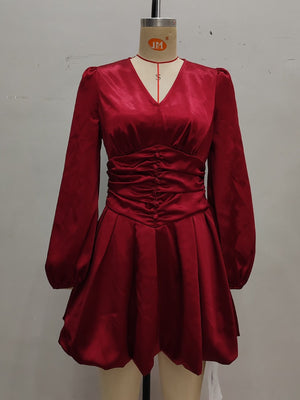 89% polyester, 11% spandex Care instructions: Machine wash cold mini dress in burgundy with fit-and-flare silhouette