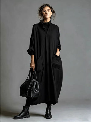 minimalist midi dress in Black with mock neck