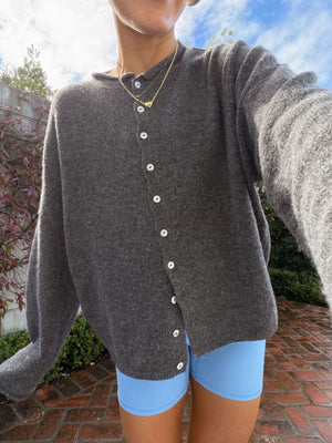 Relaxed Button-Down Dropped Shoulder Cardigan in Black with buttoned