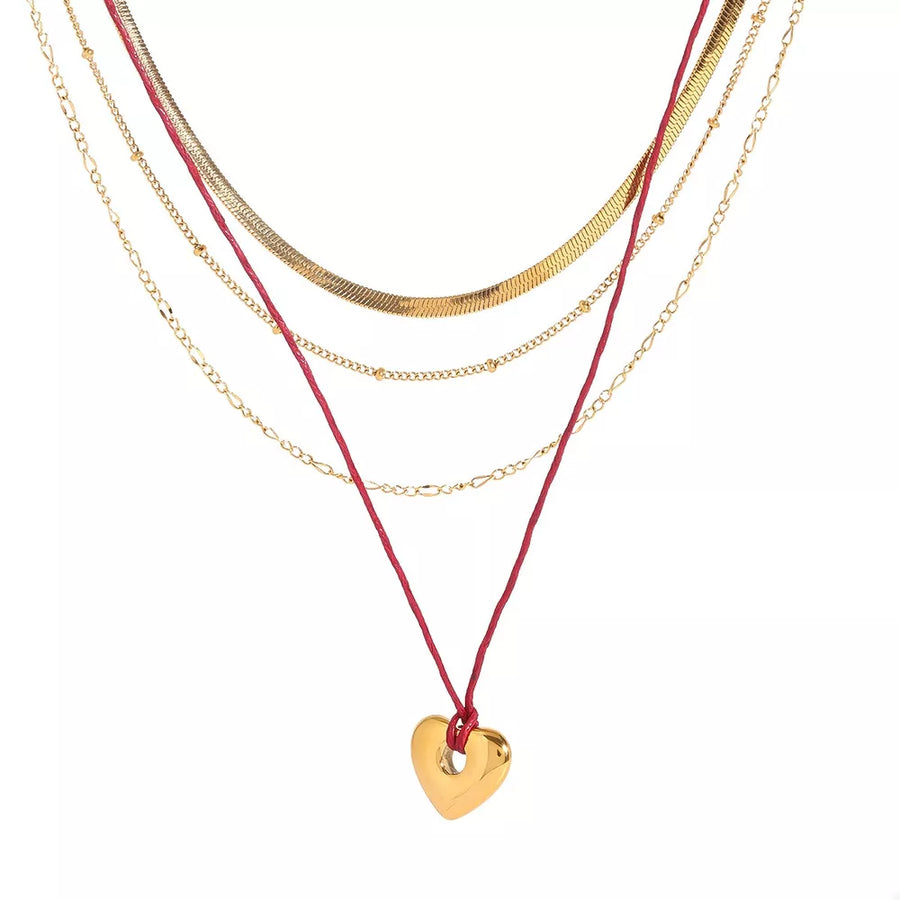 Stainless Steel Four-layered Heart Necklace 18k Gold-plated in red with layered