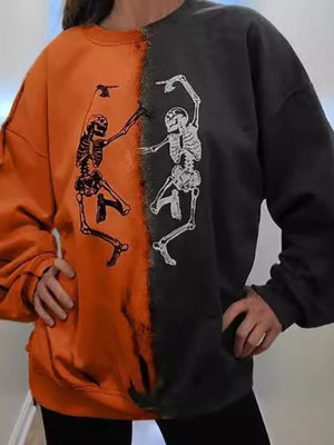 dark gray sweatshirt featuring skeleton print and color-block