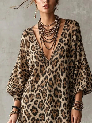 brown mini dress featuring lace trim and leopard-print