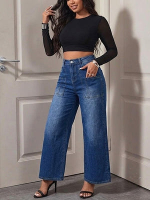 73% Cotton, 14% Rayon, 11% Polyester, 2% Spandex Care instructions: Machine wash wide-leg jeans in Peacock Blue with flared