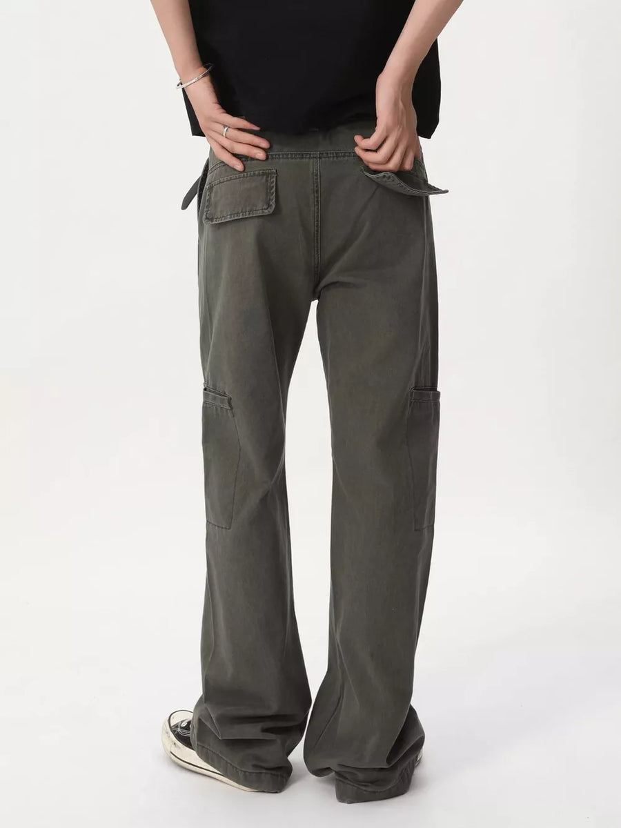 pants in dark olive green with pocketed and full-length