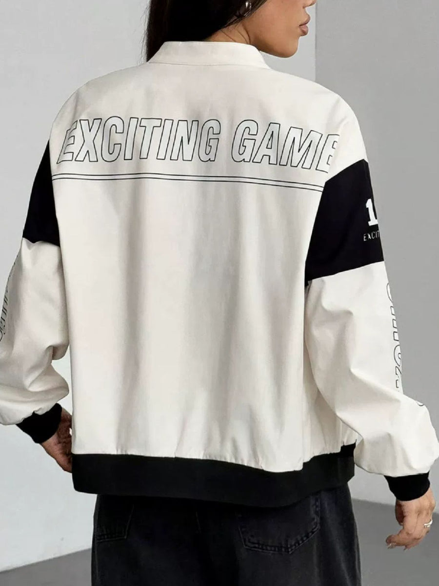 bomber jacket in Black with mock neck and long sleeve