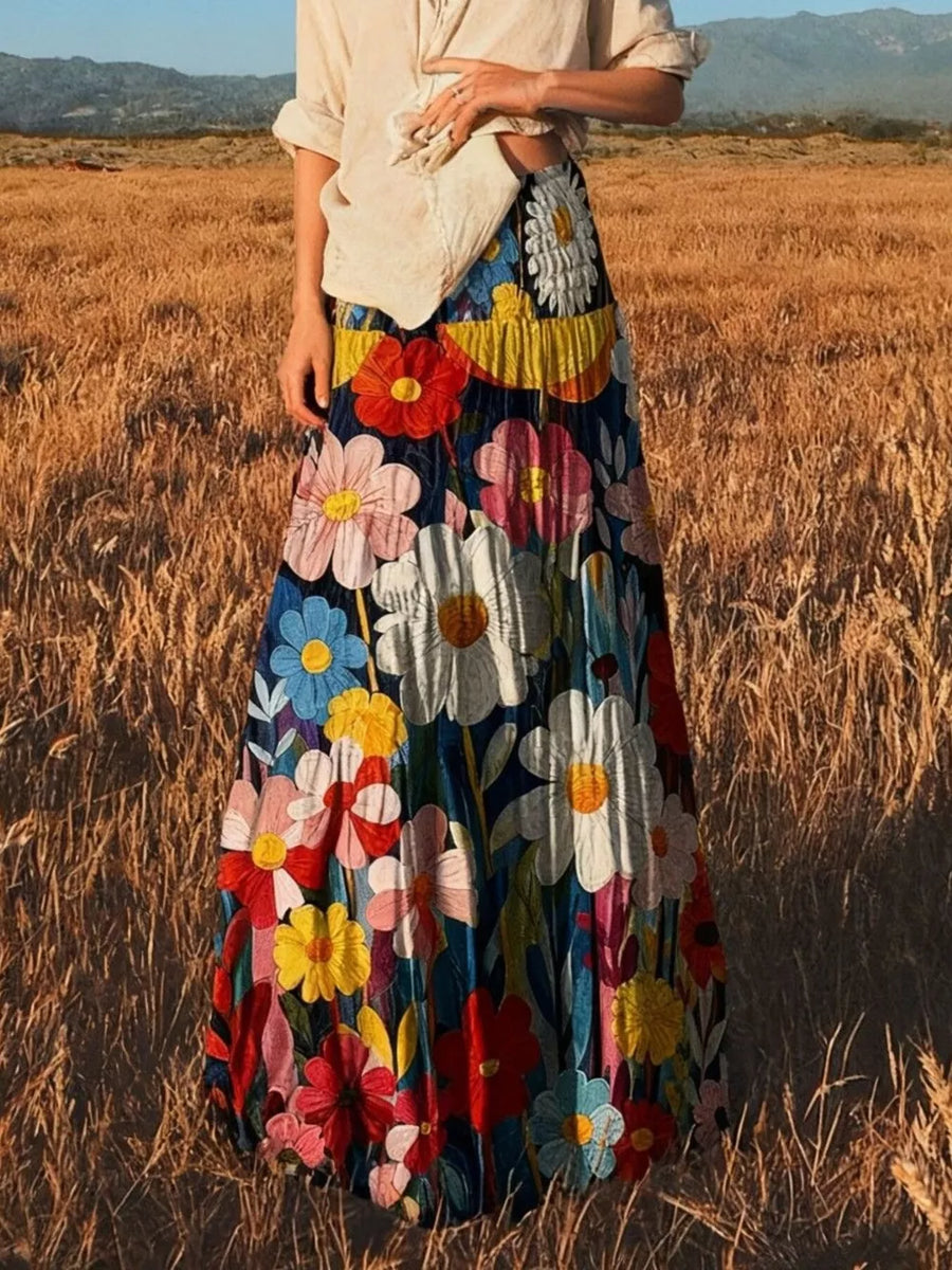 maxi skirt in Red with floral and tiered