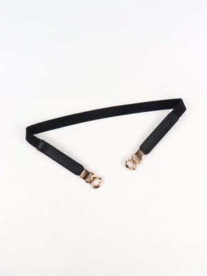 Black faux leather elastic belt with gold chain detail