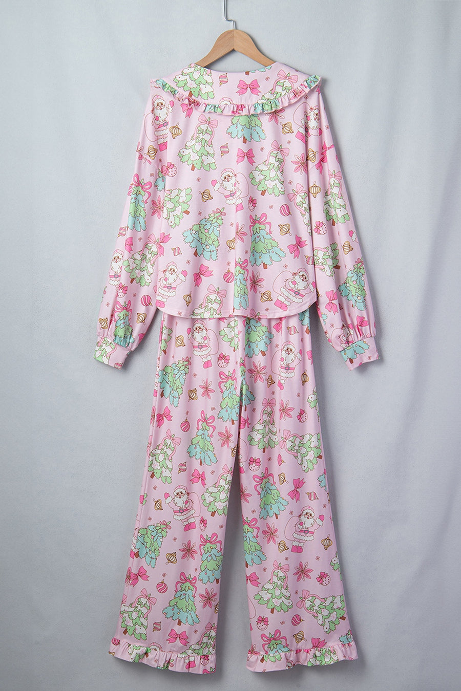 light pink pajama set with ruffled and long sleeve