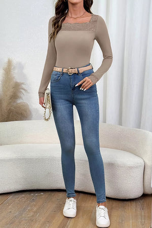 taupe fitted blouse with square neck