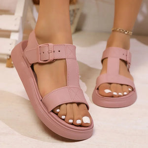 Dusty Pink T-strap buckle platform sandals with adjustable strap.