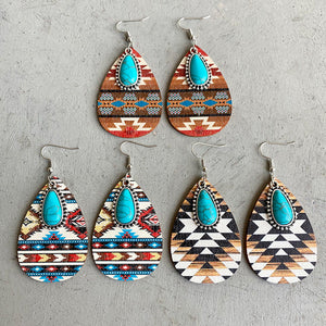 Southwestern print teardrop earrings with turquoise stones, alloy hooks, Styles A, B, C