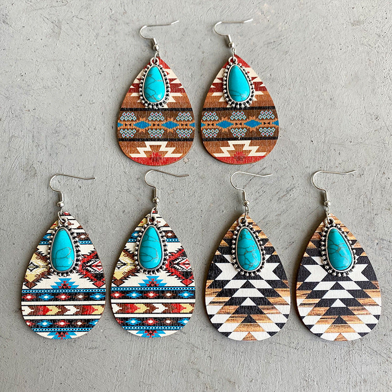 Southwestern print teardrop earrings with turquoise stones, alloy hooks, Styles A, B, C