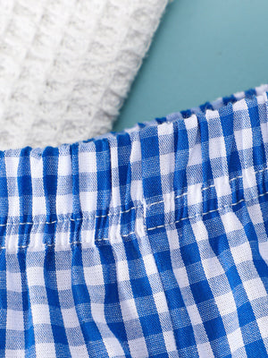 Baby blue gingham bow shorts with elastic waistband detail