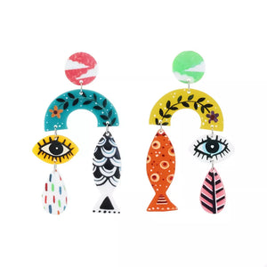 earrings in teal with abstract-print and dangle