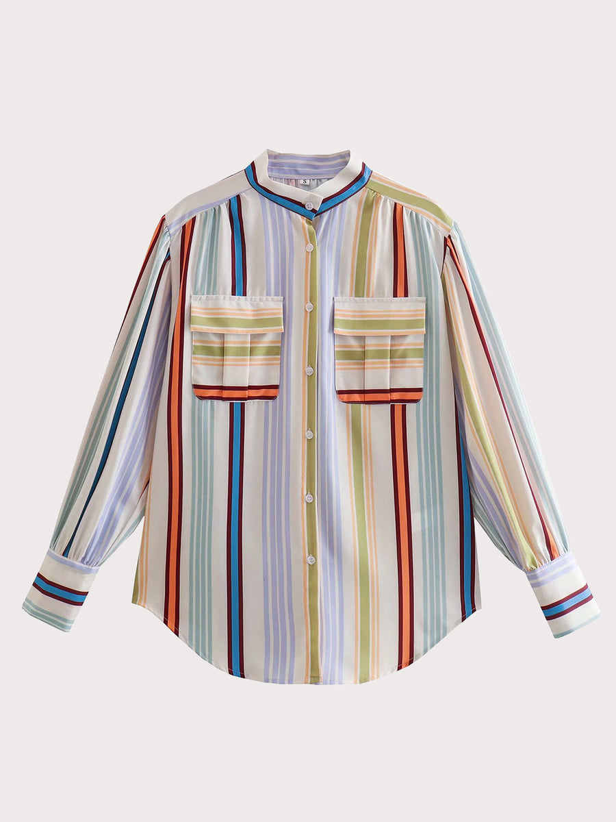 Prismatic stripe band collar blouse with buttoned pockets and cuffs.
