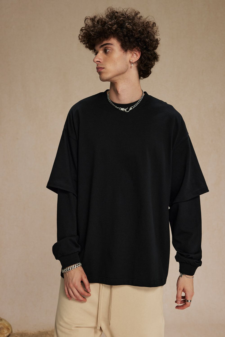 Black layered long sleeve t-shirt with crew neck