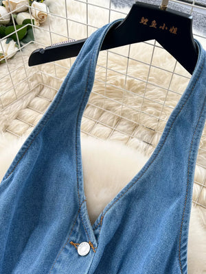 Blue denim V-neck dress with button placket and contrast stitching.