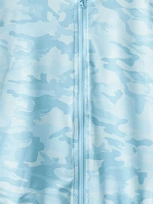 Lightweight pastel blue camouflage hooded jacket for kids with a full zipper.