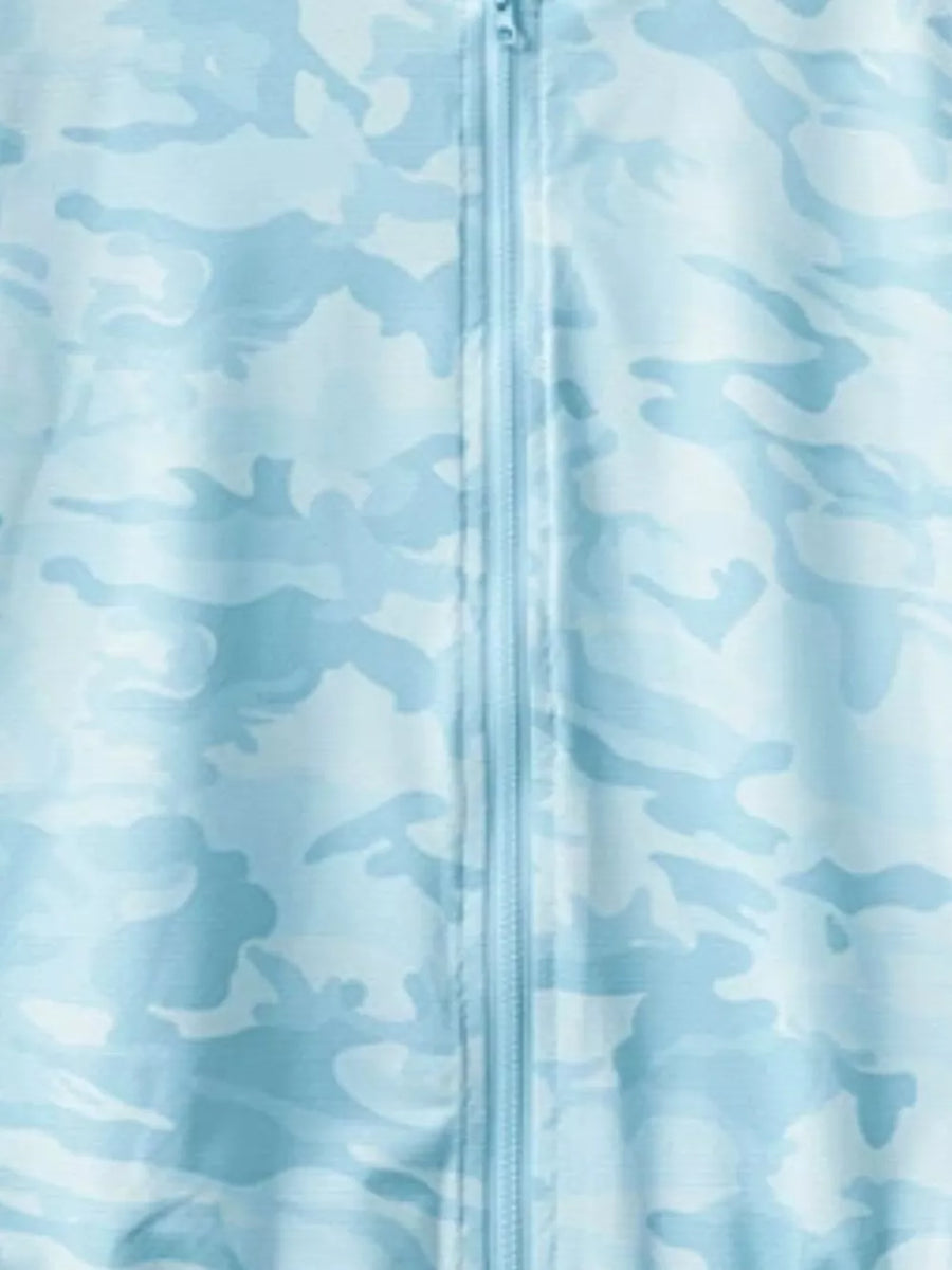 Lightweight pastel blue camouflage hooded jacket for kids with a full zipper.